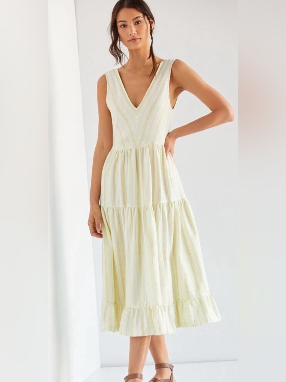 Anthropologie Yellow White Striped Tiered Maxi Dress Size Large V-neck